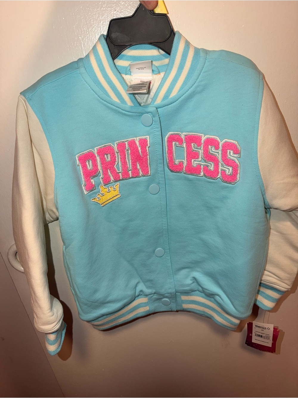 Disney Light Blue and Cream 'Princess' Varsity Jacket with Pink Lettering